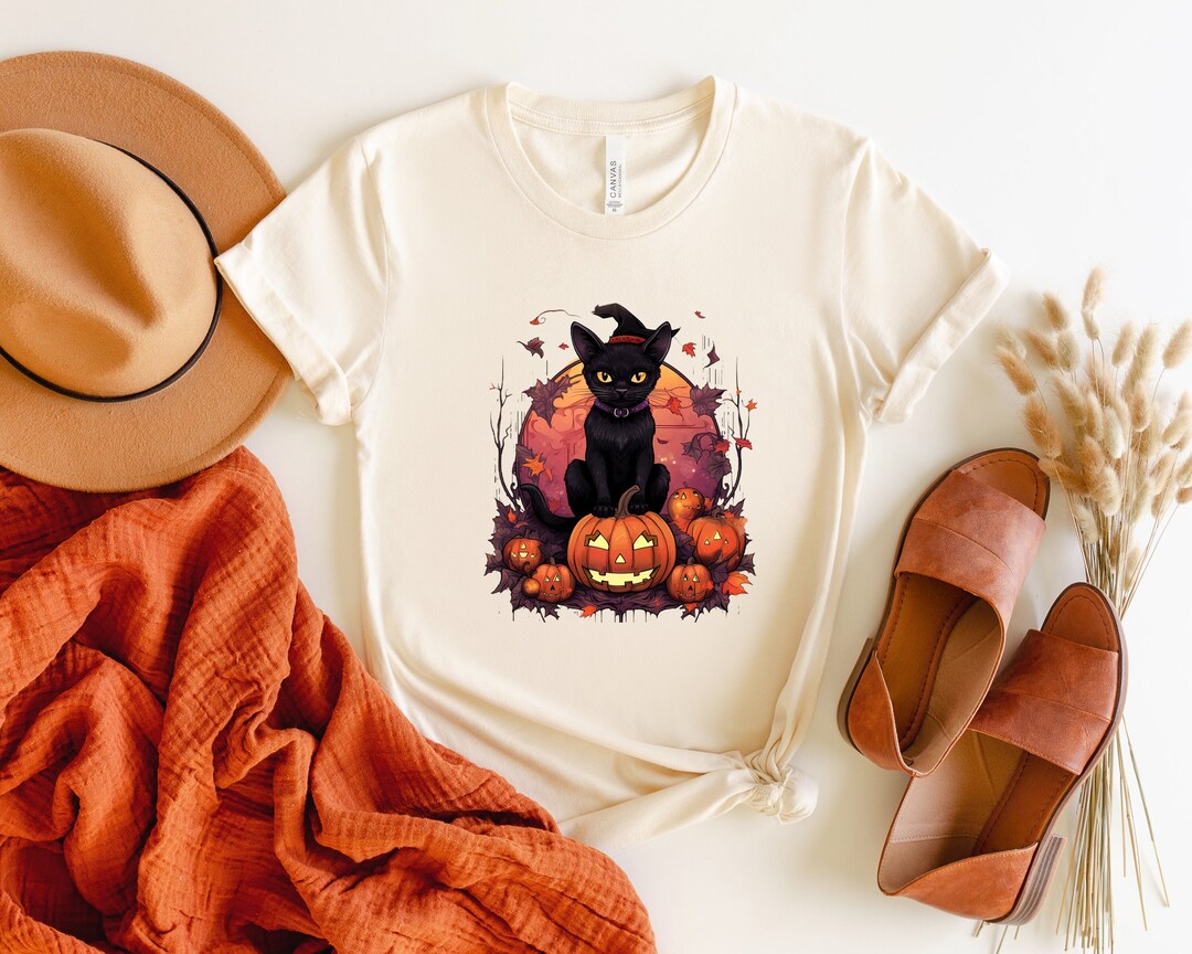 Black Cat Halloween Shirt Fall Pumpkin Halloween Shirt 2023 Etsy