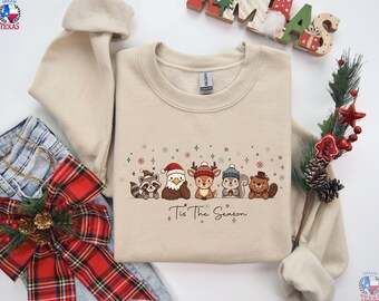 Tis The Season Sweatshirt, Cute Christmas Animals Shirt, Woodland Squirrel Deer Raccoon Beaver Eagle Sweatshirt, Holiday Gift