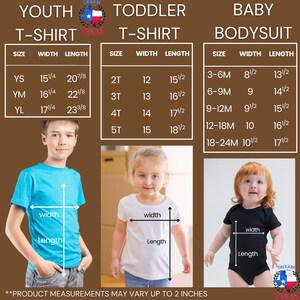 May include: Image showing size charts for youth, toddler, and baby t-shirts and bodysuits. Measurements are in inches for width and length. The image includes photos of children wearing the apparel. The text at the bottom says, "Product measurements may vary up to 2 inches."
