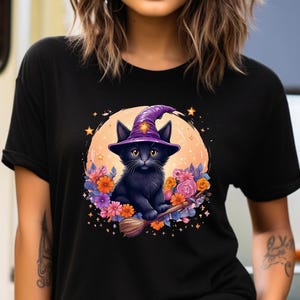 Cute Black Cat Summerween T-Shirt Funny Summer Halloween Shirt Wickwed Witch Broom Shirt Pumpkin Party Outfit Halloween Gift