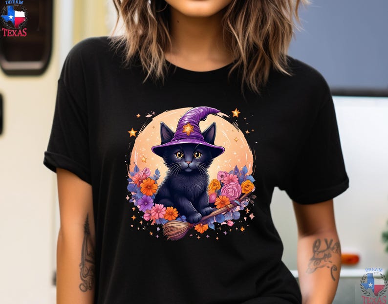 Cute Black Cat Summerween T-Shirt Funny Summer Halloween Shirt Wickwed Witch Broom Shirt Pumpkin Party Outfit Halloween Gift