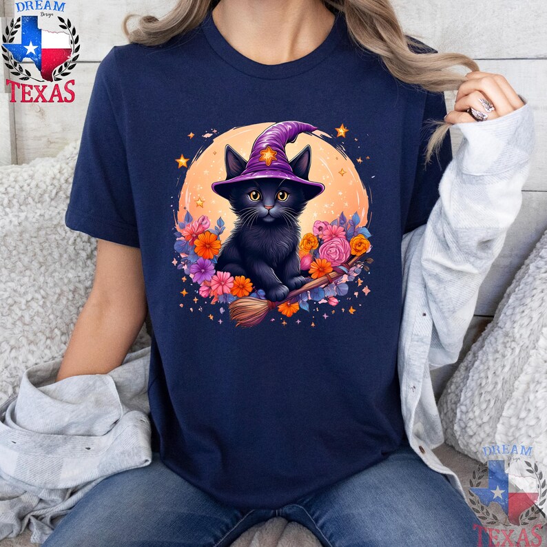 Cute Black Cat Summerween T-Shirt Funny Summer Halloween Shirt Wickwed Witch Broom Shirt Pumpkin Party Outfit Halloween Gift