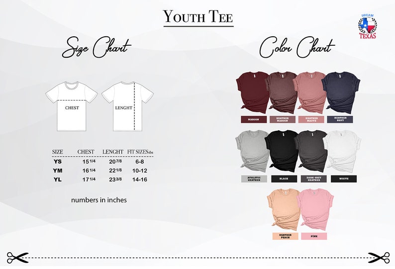 May include: Youth tee size chart with measurements in inches and color chart showing different colors of t-shirts. The colors include maroon, heather maroon, heather mauve, denim navy, athletic heather, black, dark heather grey, white, heather peach, and pink.