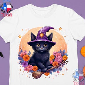 Cute Black Cat Summerween T-Shirt Funny Summer Halloween Shirt Wickwed Witch Broom Shirt Pumpkin Party Outfit Halloween Gift