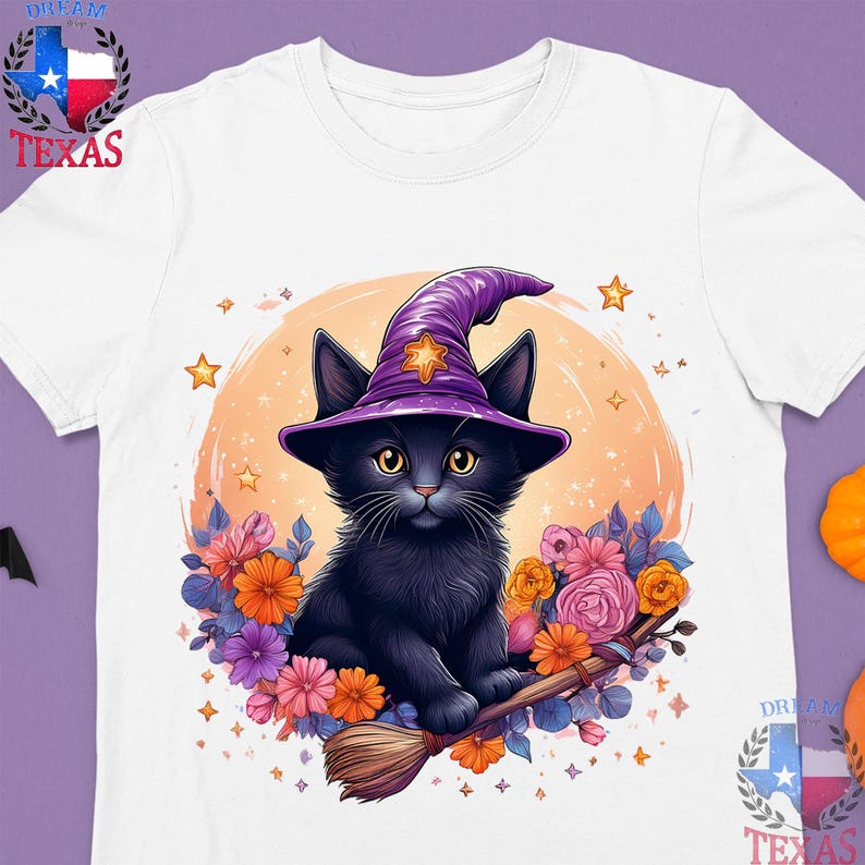 Cute Black Cat Summerween T-Shirt Funny Summer Halloween Shirt Wickwed Witch Broom Shirt Pumpkin Party Outfit Halloween Gift