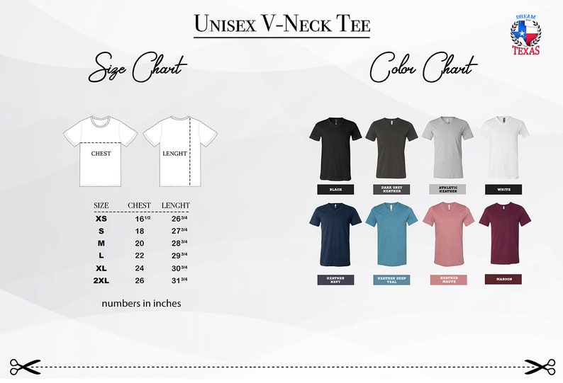 May include: Unisex V-neck tee size chart with measurements in inches. The chart shows chest and length measurements for sizes XS, S, M, L, XL, and 2XL. A colour chart shows the available colours: black, dark heather, athletic heather, white, heather navy, heather deep teal, heather rose, and maroon.