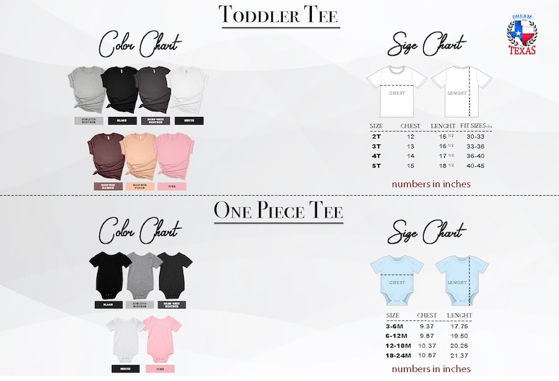 May include: Size chart for toddler and one-piece tees. The chart shows different sizes and corresponding chest and length measurements in inches. The colour chart shows different colour options for the tees, including grey, black, white, brown, pink, and light blue.