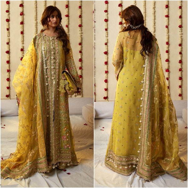 Pakistani Indian Mehndi Wedding Dresses embroidery Outfit Women Punjabi salwar kameez Suit eid party dress Stitched USA UK CA Lemon yellow