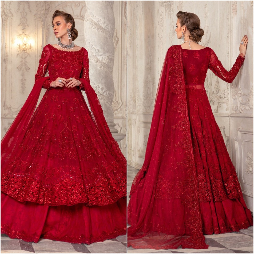 Red Latest Pakistani Indian Wedding Guest Dresses Embroidery Clothes