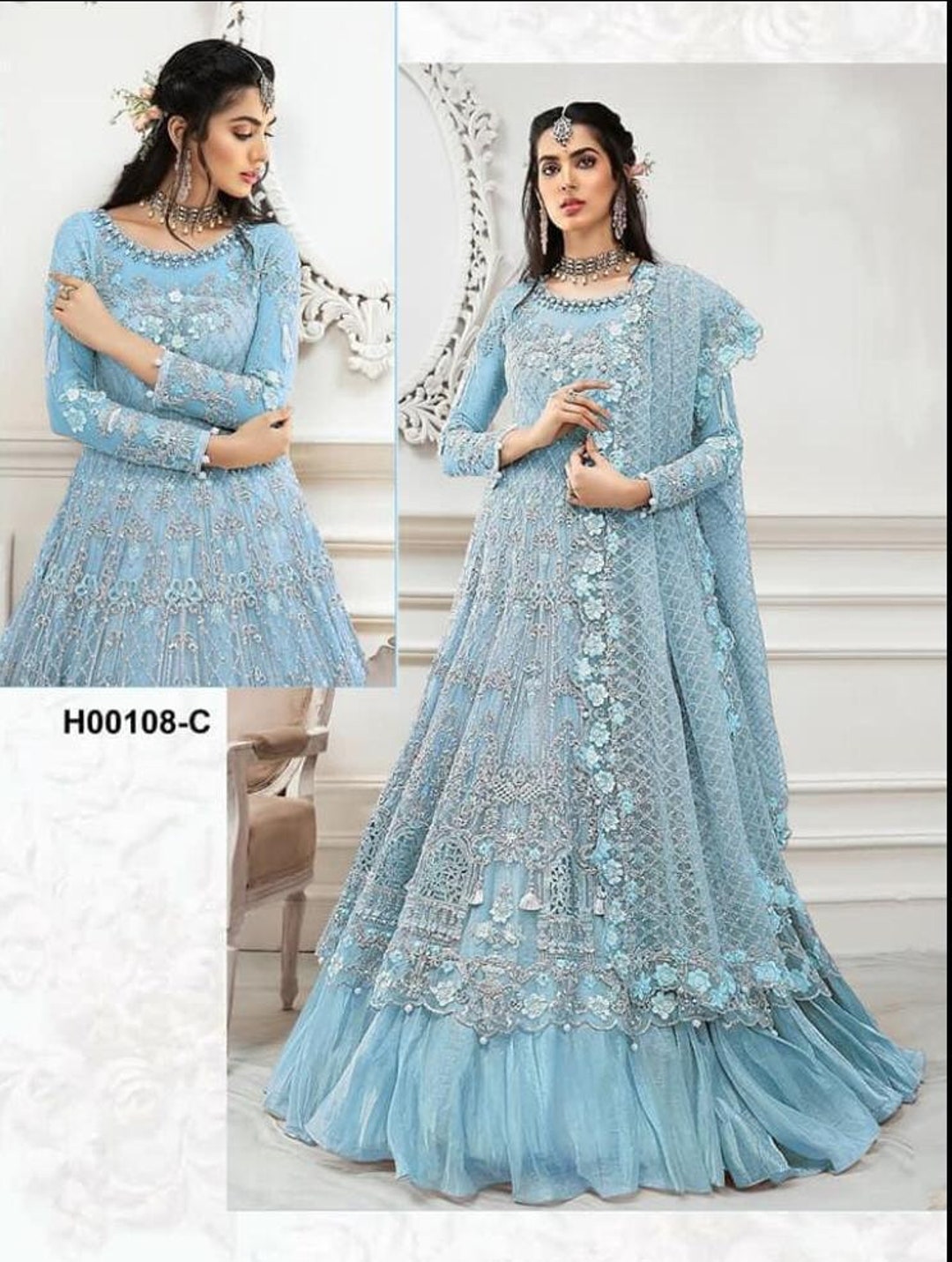 Indian & Pakistani Style Ivory Embroidered Net Bridal Ensemble Maxi