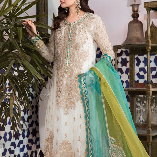 Luxury Eid chiffon Salwar Kameez white shops dress Latest 2022 Pakistani Wedding Dresses Embroidery Clothes Indian Suit Cream and Ferozi