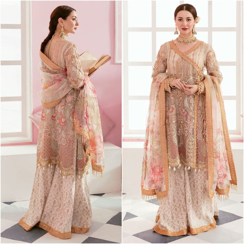 Pakistani Indian Mehndi Wedding Party shops Event dresses Latest embroidery Clothes Angrakha Style Palazo Salwar Kameez suit stitched dress Nikkah