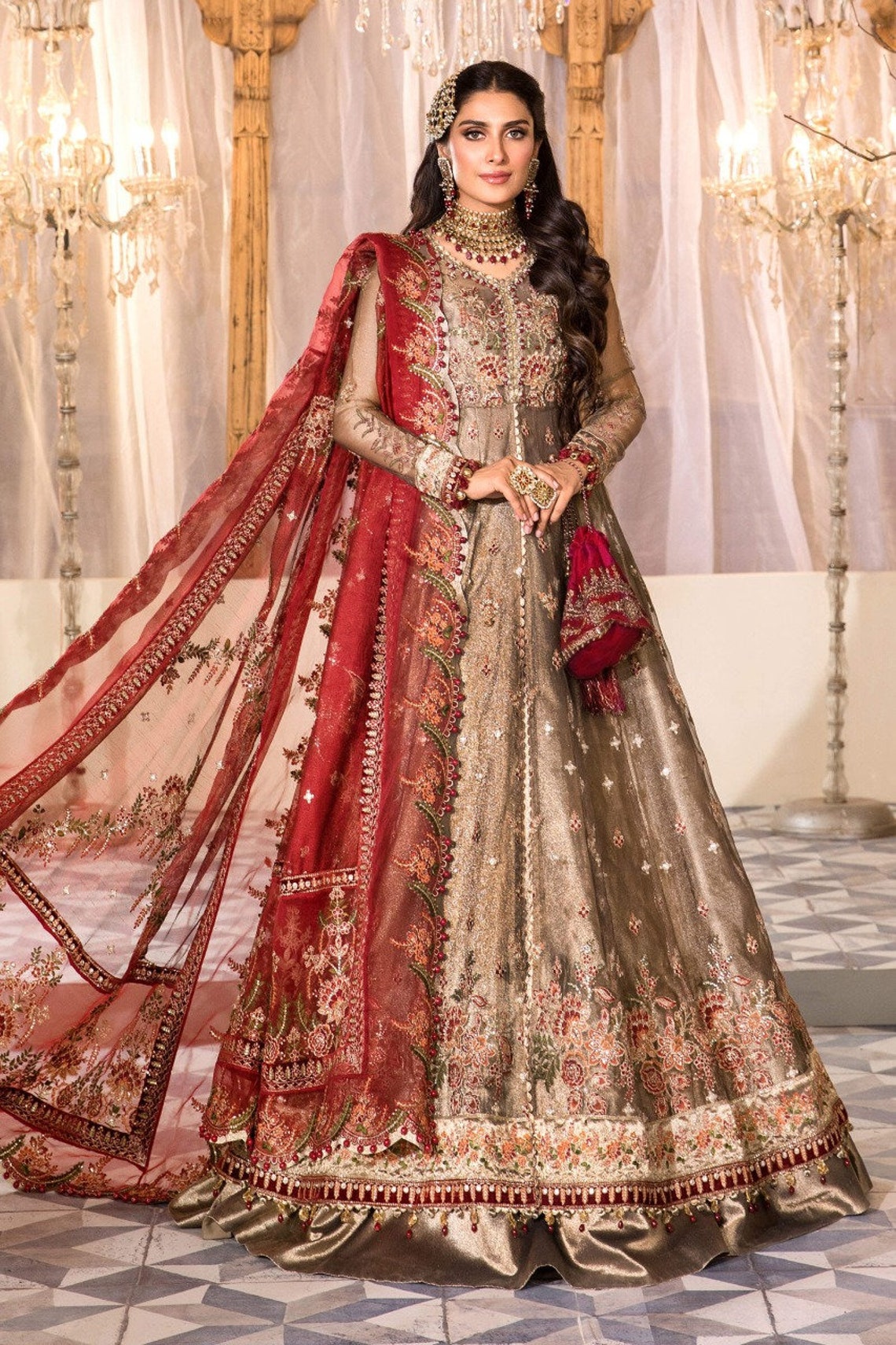 Latest Pakistani Indian Wedding Dresses maxi long frock gold image 5