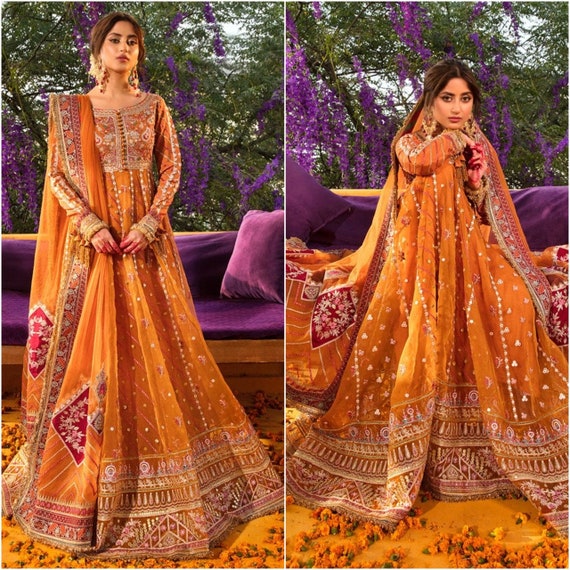 Buy Orange Maxi Frock Pakistani Wedding Dresses Embroidery Cloth Online in  India - Etsy