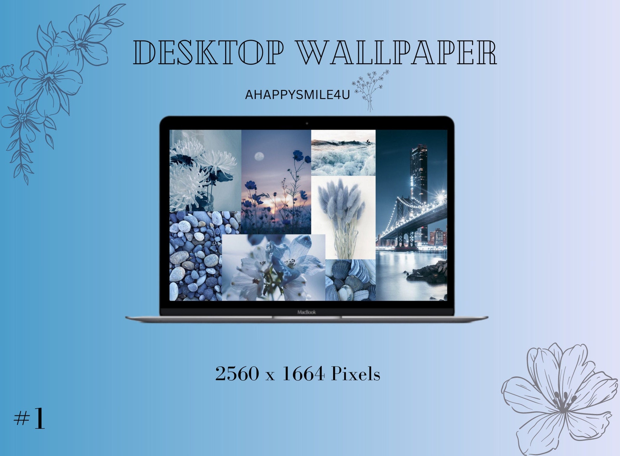 Aesthetic Computer Desktop Wallpaper Blue Floral MacBook 2 Wallpapers — free download