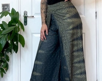 Dark Green Ornate Print Wrap Trousers Skirt