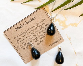 Black Obsidian Crystal Teardrop Pendant - Financial Gain, Good Fortune & Luck