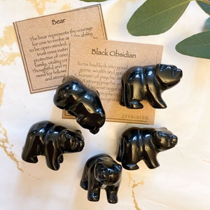 Hand Carved Black Obsidian Crystal Bear - Strength, Courage & Good Fortune