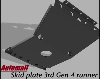 May include: A black metal skid plate for a 3rd Gen 4Runner. The plate has several cutouts for clearance and protection.
