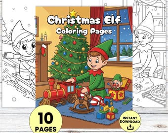 May include: A set of Christmas Elf colouring pages with the text "Christmas Elf Coloring Pages". The cover features a colourful illustration of an elf with a Christmas tree, toys, and a winter scene. The words "10 Pages" are also visible.