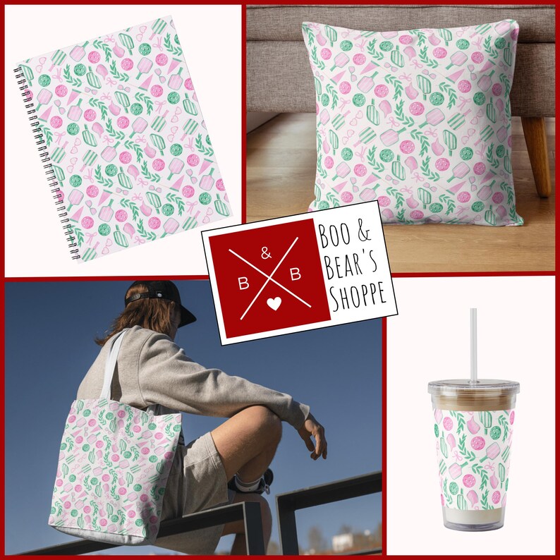 May include: A collection of items with a repeating pattern of pink and green shapes on a white background. Items include a spiral notebook, tote bag, pillow, and a tumbler with a straw. The items are from Boo & Bear's Shoppe.