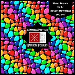 May include: A vibrant, seamless pattern featuring colorful, rounded pebbles in shades of red, orange, yellow, green, blue, and purple against a black background. The design includes text that reads "Hand Drawn, No AI, Instant Download, 300 DPI" and "Seamless Pattern, Rainbow Pebbles."