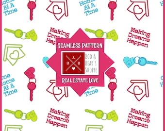 Real Estate Seamless Pattern: Pink, Blue and Green Realtor Design for gifts - JPG and PNG 300 DPI Digital Download