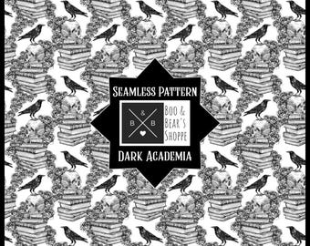 Gothic Dark Academia Seamless Pattern: Skulls, Roses, Books, Ravens (PNG and JPG 300 DPI - Digital Downloads)