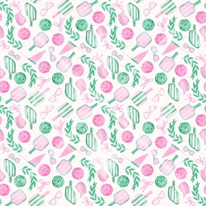 May include: A repeating pattern of watercolor pickleball equipment in shades of pink and green on a white background. The design includes pickleball paddles, balls, sunglasses, bows, and leafy branches. The overall theme is sports and recreation.