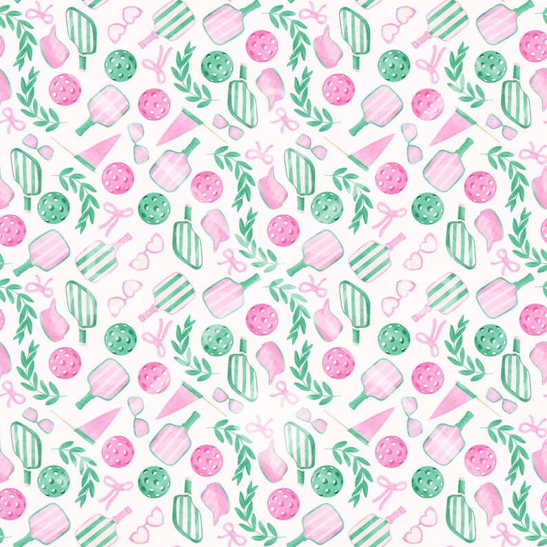 May include: A repeating pattern of watercolor pickleball equipment in shades of pink and green on a white background. The design includes pickleball paddles, balls, sunglasses, bows, and leafy branches. The overall theme is sports and recreation.