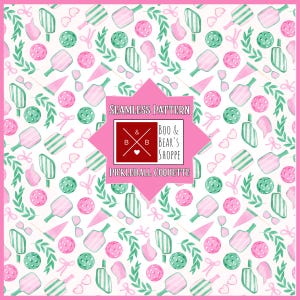 Pickleball Coquette Pattern: Cute Pink and Green Seamless File (Digital Download 300DPI PNG and JPEG) image 1