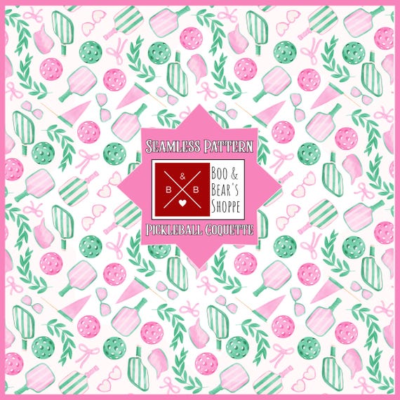 Pickleball Coquette Pattern: Cute Pink and Green Seamless File (Digital Download 300DPI PNG and JPEG)
