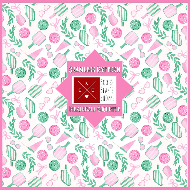 Pickleball Coquette Pattern: Cute Pink and Green Seamless File (Digital Download 300DPI PNG and JPEG) image 1