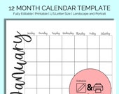 Monthly Blank Calendar Template, Editable, 12 Month Blank Calendars, Undated, Instant Download, Printable Editable