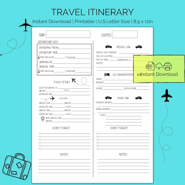 Travel Itinerary, Printable, Trip Planner, Vacation Planner, PDF, Instant Download, Travel, Vacation, Trip, Itinerary