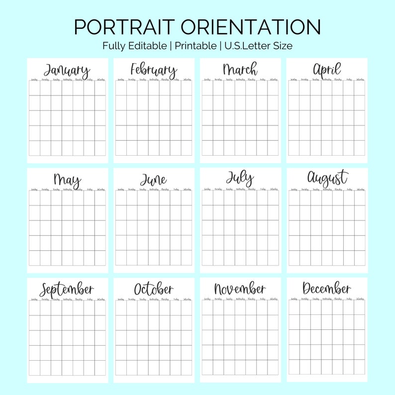 Calendar Template, Editable, 12 Month Blank Calendars, Undated, Instant ...