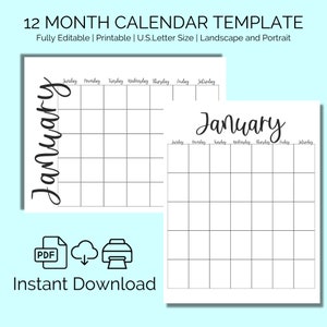 Pode incluir: Um modelo de calend&aacute;rio imprim&iacute;vel de 12 meses em orienta&ccedil;&otilde;es horizontal e vertical. O modelo &eacute; totalmente edit&aacute;vel e vem em tamanho US Letter. A imagem mostra o m&ecirc;s de janeiro com os dias da semana etiquetados. O texto "Download instant&acirc;neo" tamb&eacute;m est&aacute; inclu&iacute;do na imagem.