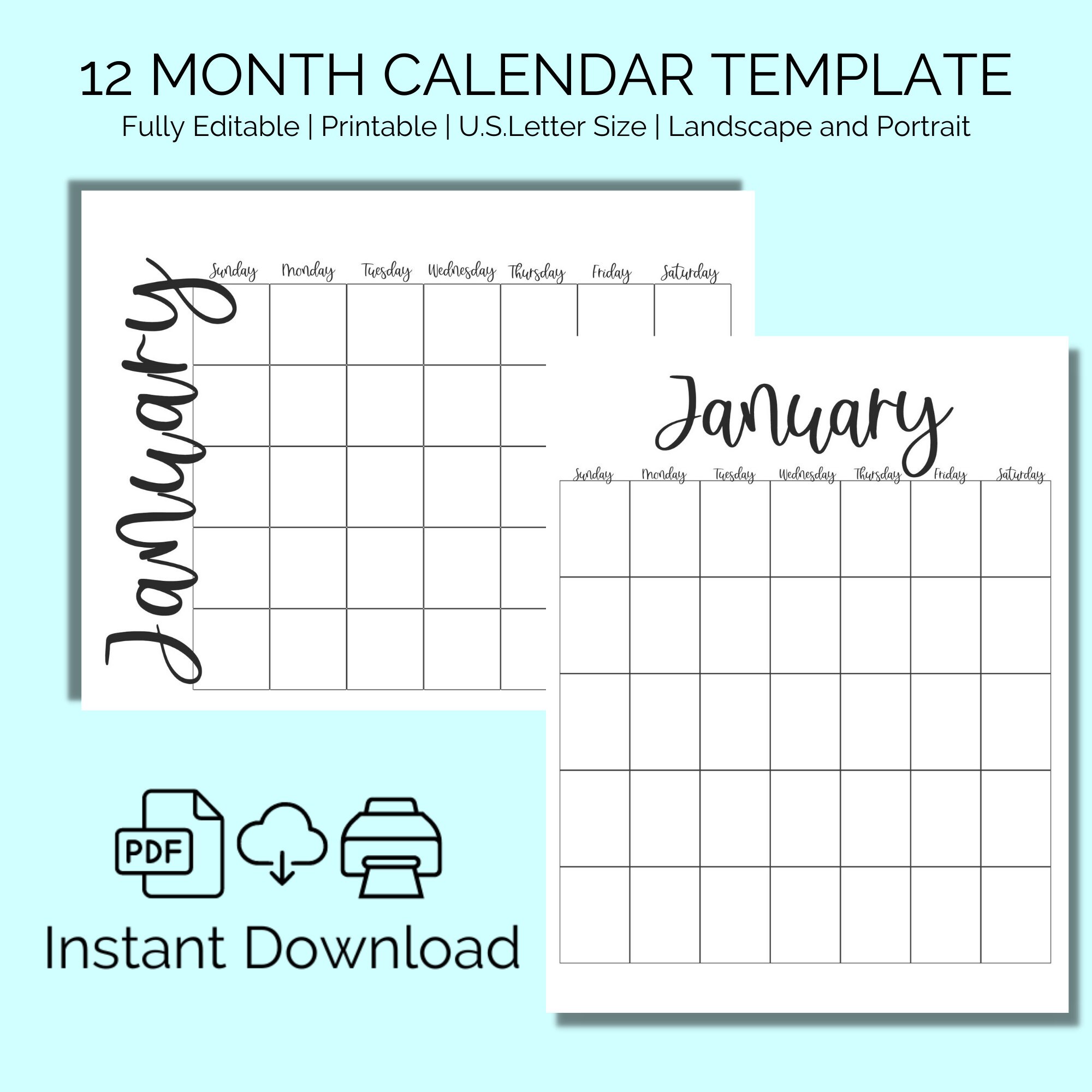 Calendar Template, Editable, 12 Month Blank Calendars, Undated, Instant ...