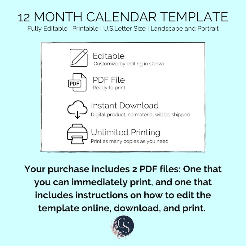 Calendar Template, Editable, 12 Month Blank Calendars, Undated, Instant ...