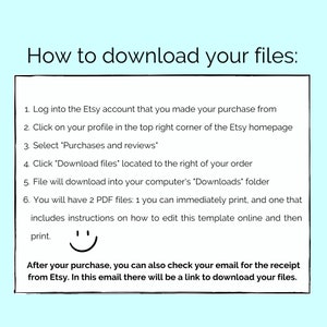 Pode incluir: Um fundo azul claro com texto branco explicando como baixar arquivos do Etsy. O texto inclui instru&ccedil;&otilde;es sobre como fazer login na sua conta do Etsy, encontrar suas compras e baixar seus arquivos. Um rosto sorridente est&aacute; inclu&iacute;do no texto.