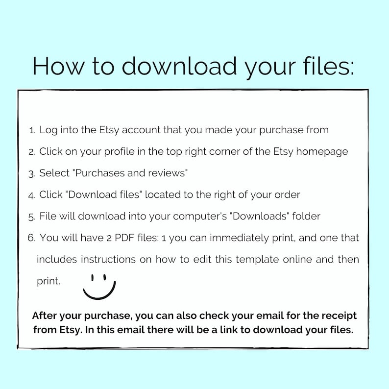 Pode incluir: Um fundo azul claro com texto branco explicando como baixar arquivos do Etsy. O texto inclui instru&ccedil;&otilde;es sobre como fazer login na sua conta do Etsy, encontrar suas compras e baixar seus arquivos. Um rosto sorridente est&aacute; inclu&iacute;do no texto.