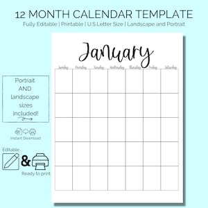 Calendar Template, Editable, 12 Month Blank Calendars, Undated, Instant ...