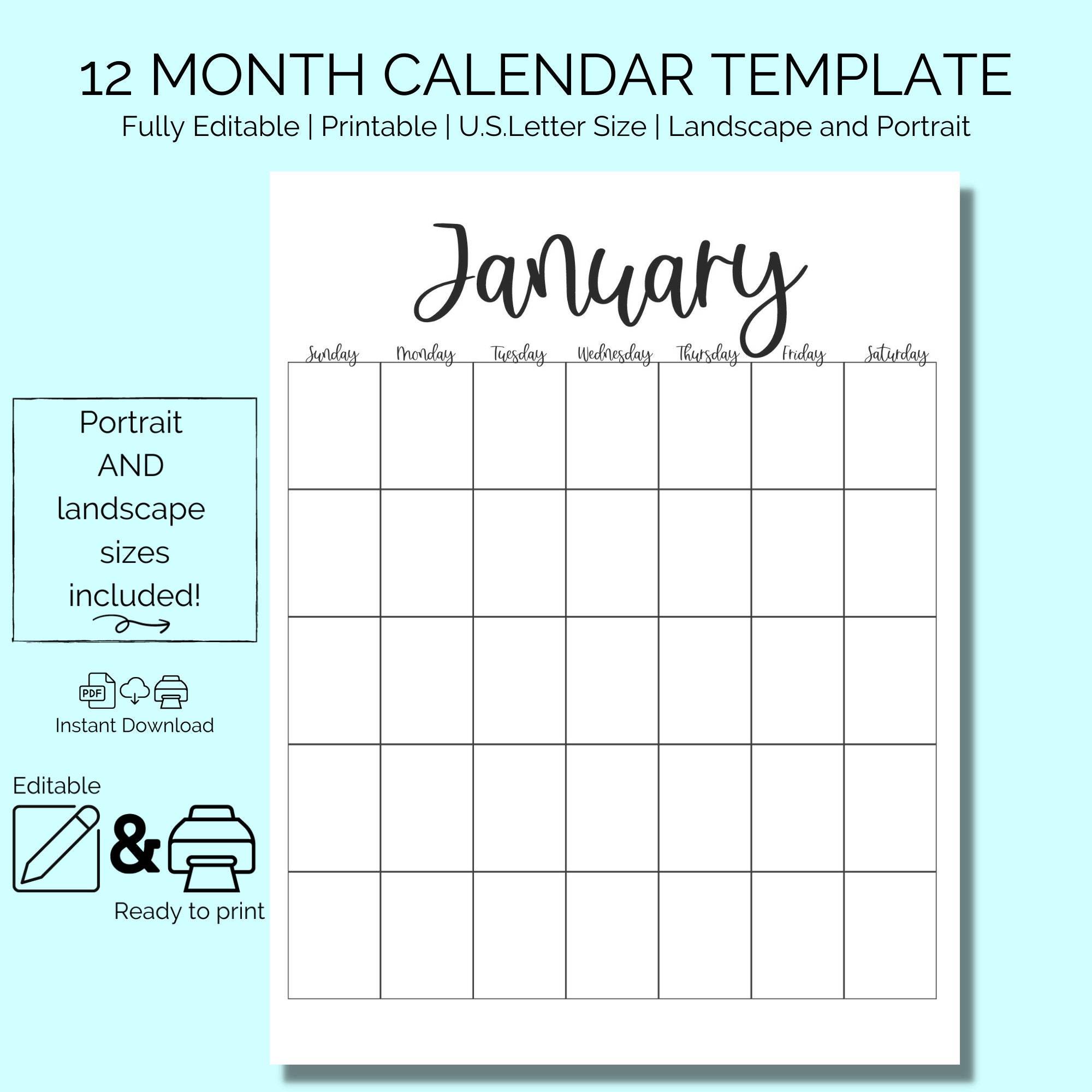 Calendar Template, Editable, 12 Month Blank Calendars, Undated, Instant ...