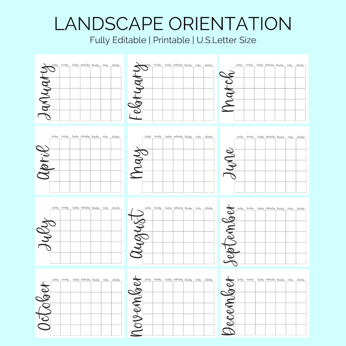 Calendar Template, Editable, 12 Month Blank Calendars, Undated, Instant ...