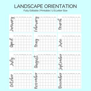 Pode incluir: Um modelo de calend&aacute;rio imprim&iacute;vel em orienta&ccedil;&atilde;o paisagem com uma grade para cada m&ecirc;s do ano. Os meses s&atilde;o rotulados em uma fonte manuscrita. O texto "Fully Editable | Printable | U.S. Letter Size" e "LANDSCAPE ORIENTATION" est&atilde;o no topo da p&aacute;gina.
