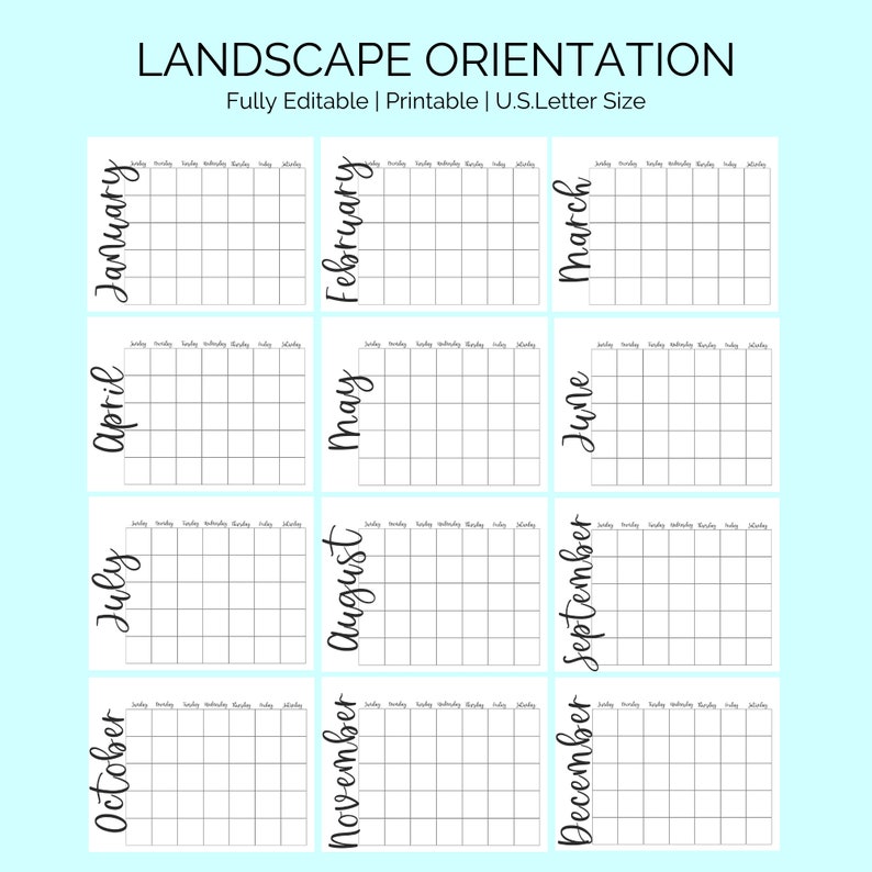 Calendar Template, Editable, 12 Month Blank Calendars, Undated, Instant ...