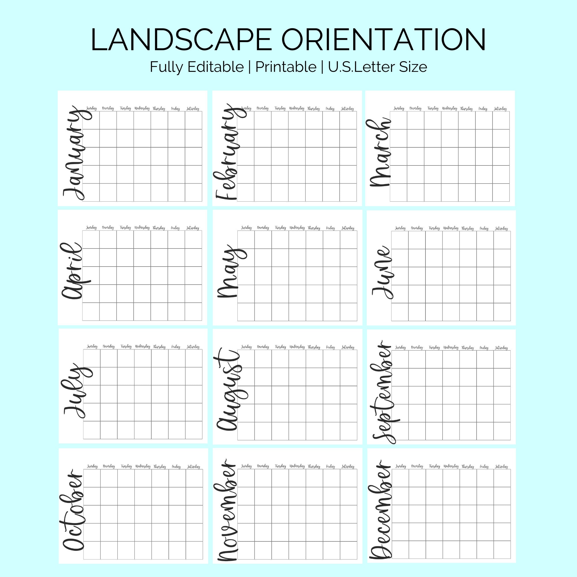 Calendar Template, Editable, 12 Month Blank Calendars, Undated, Instant ...