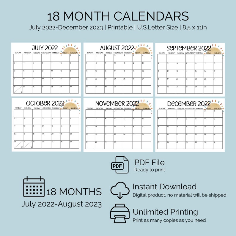 20222023 Printable Calendars 18 Month Calendars July 2022 Etsy UK