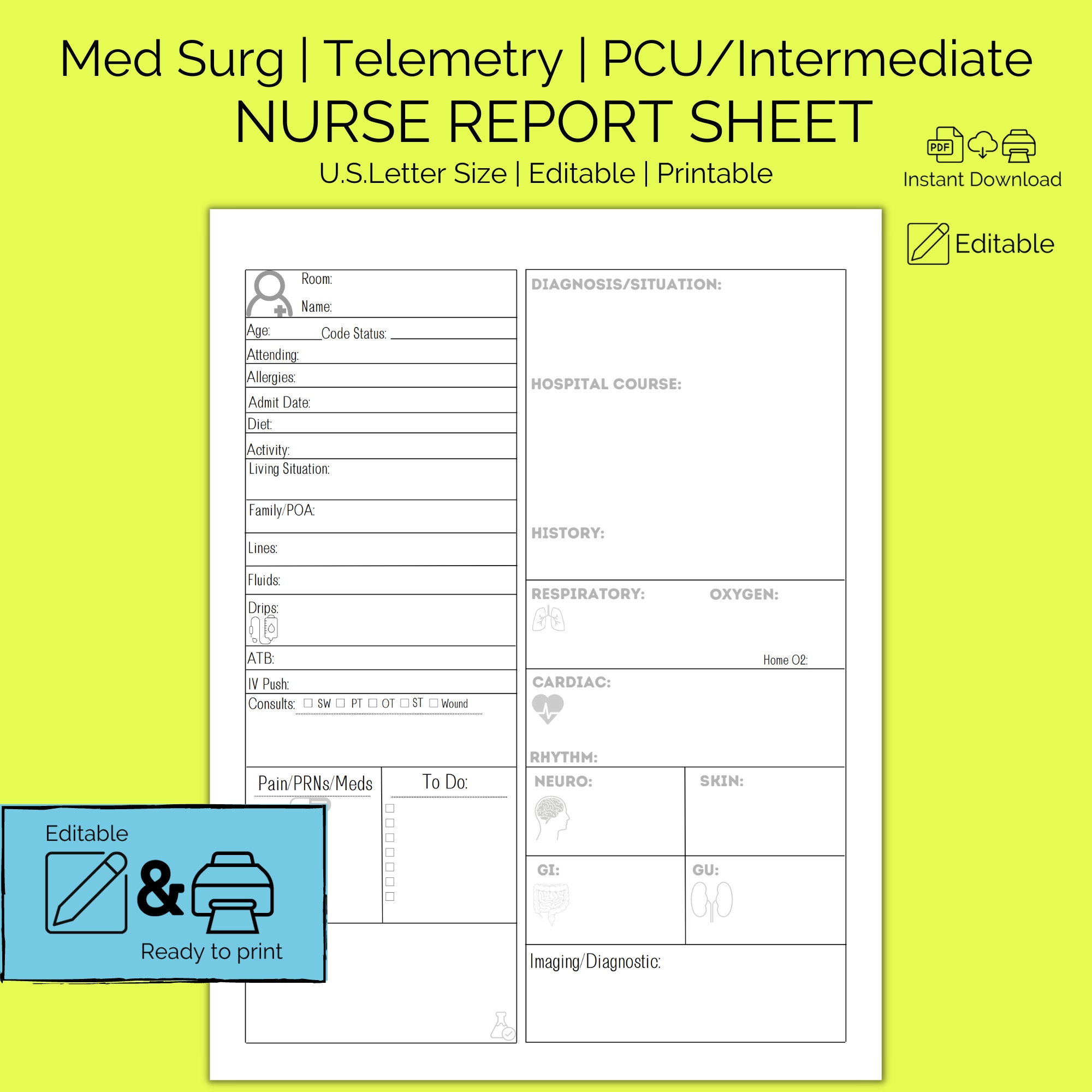 Nurse Report Sheet Editable Printable Med Surg PCU Acute Etsy Canada