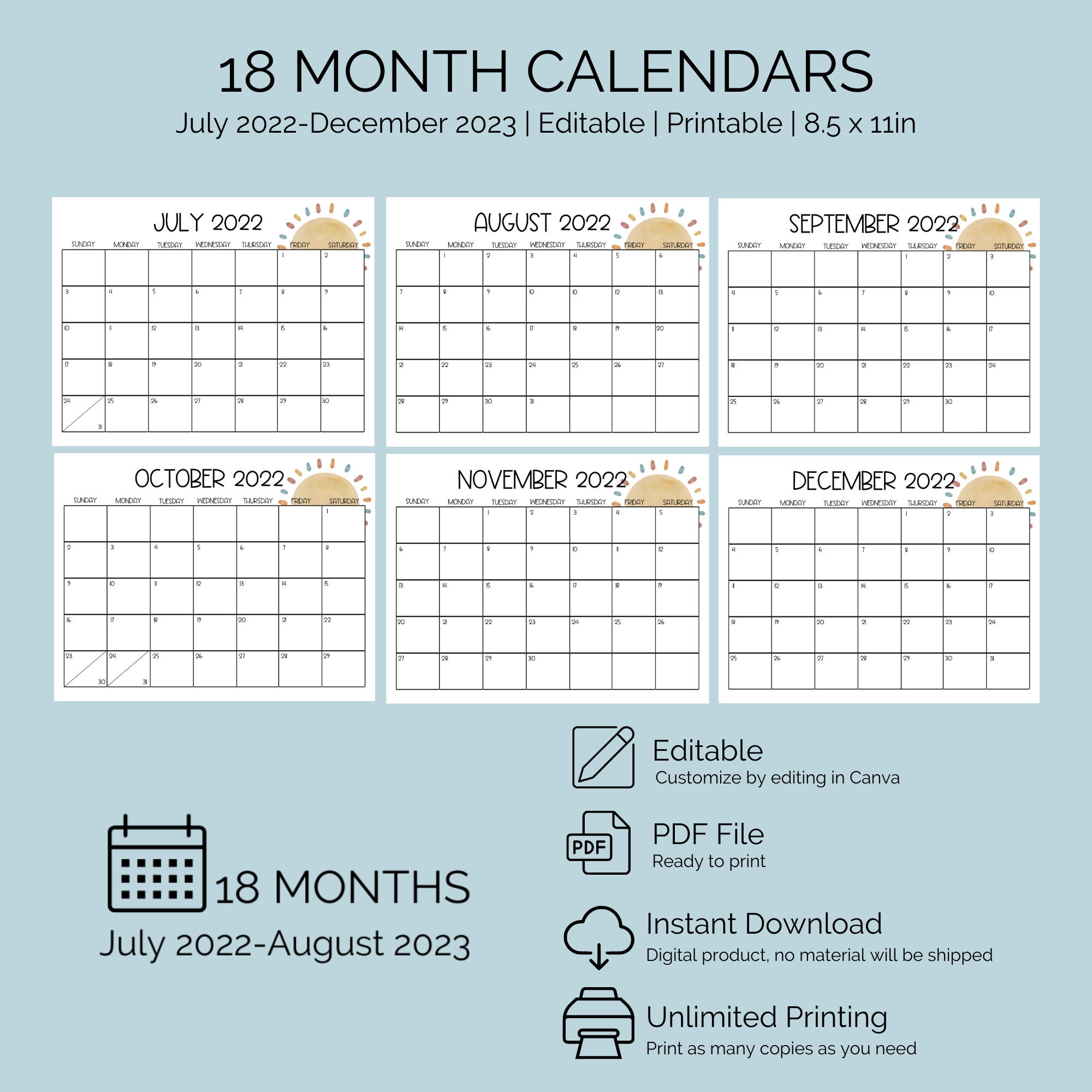 2022 2023 editable printable calendars 18 month calendars etsy australia
